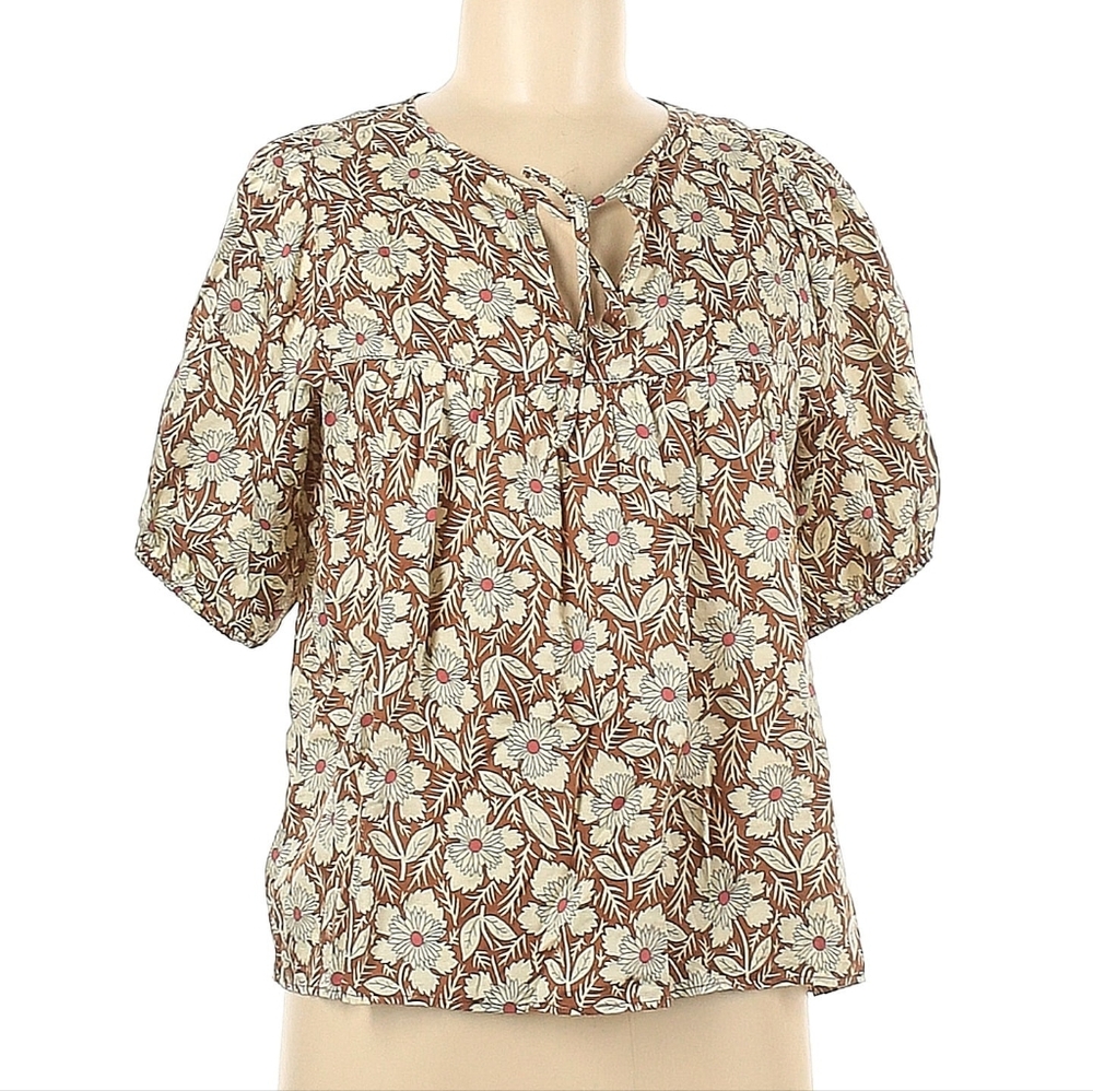 Outerknown Floral Blouse Top Women’s XS Brown Bell Short Sleeve V Neck Organic